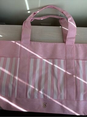 New Victorias Secret Pink Stripe Tote Bag w/ Full Outer Zipper